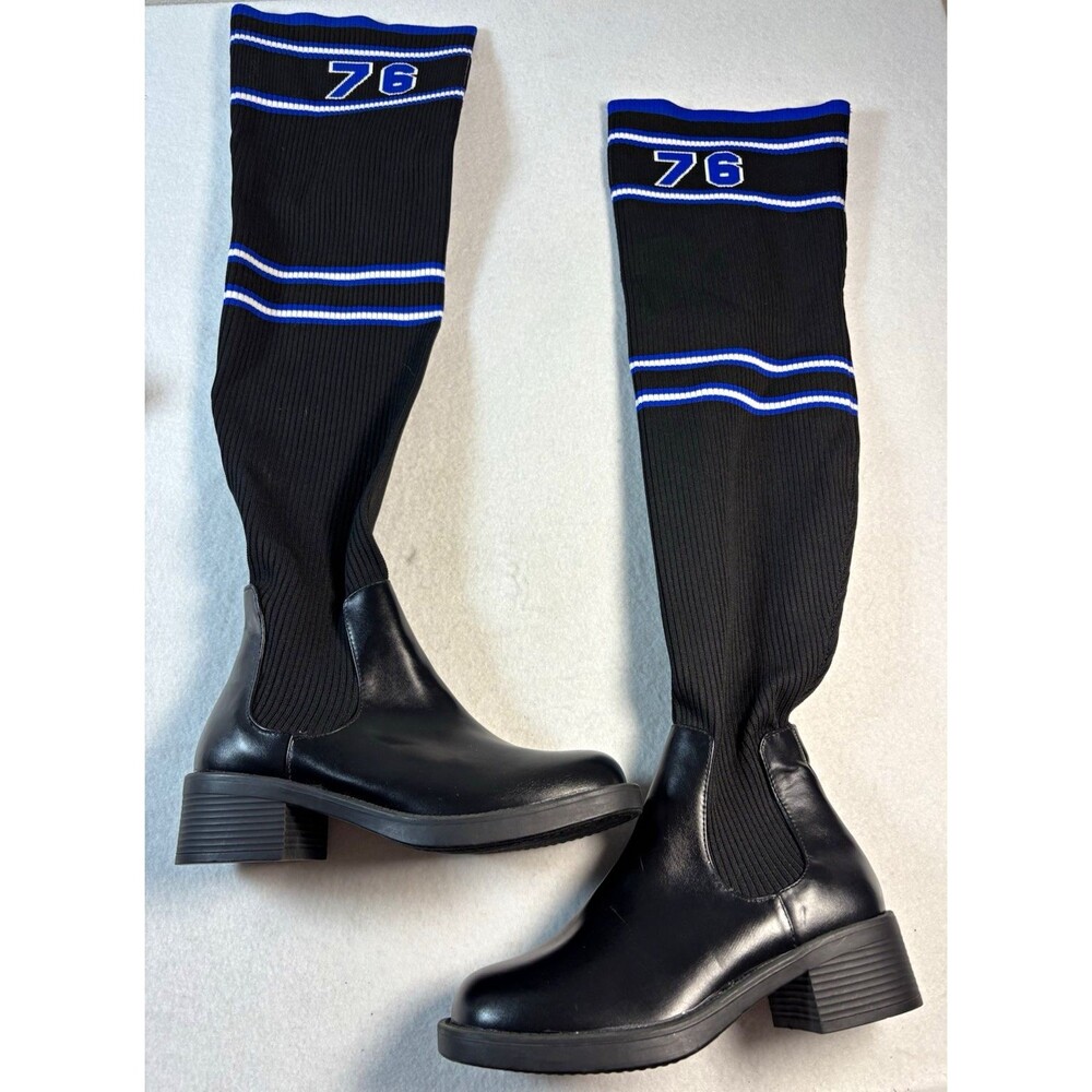 Women’s Size 8 Black Over Knee Sock Boots Blue White 76 Varsity Knit Y2K